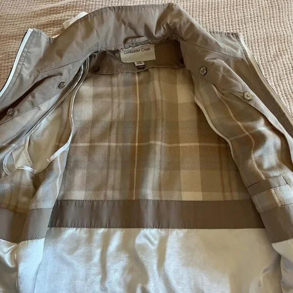 Coldwater Creek Women Ivory Hooded Long Vest Jacket Petite Large Water Repellent - Picture 8 of 13